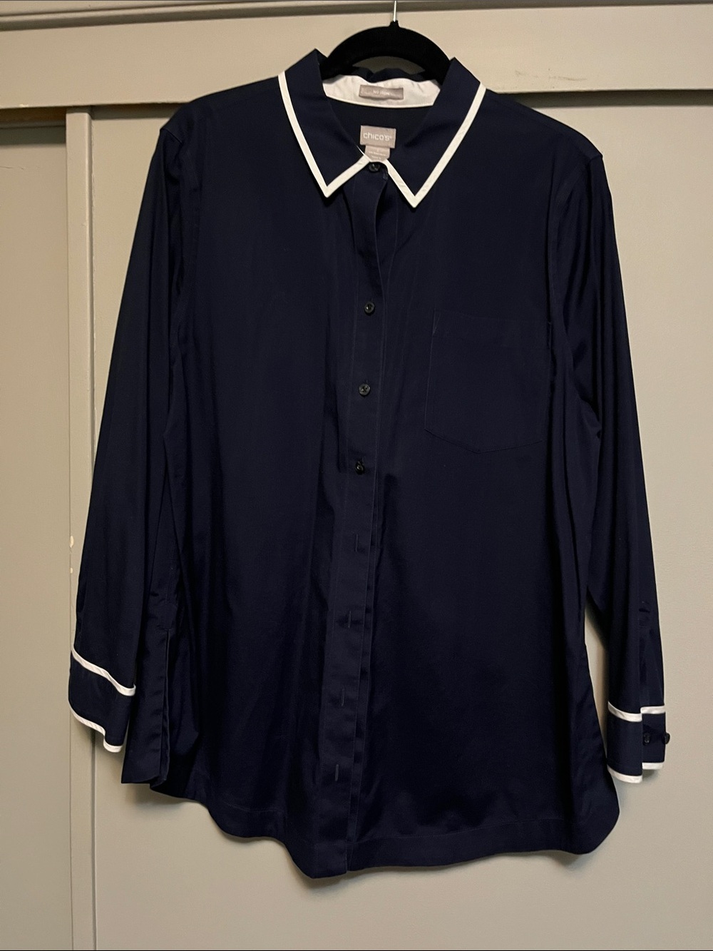 Chico's Navy Shirt with White Piping Collar & Cuffs